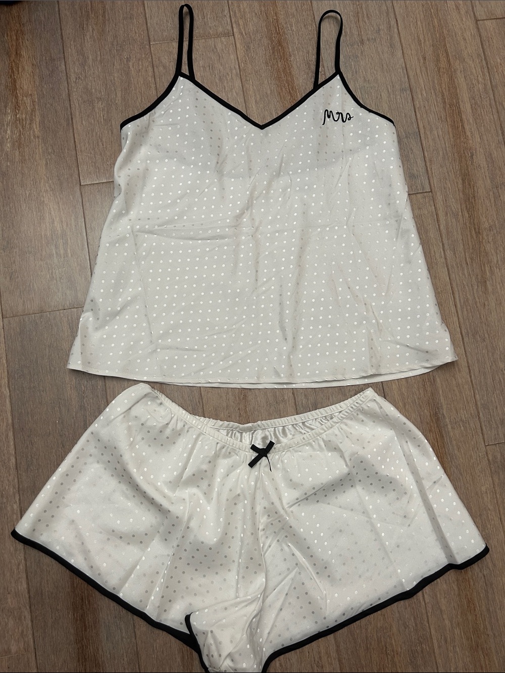 kate spade White Satin Polka Dot Cami & Short Pajama Set with Black Trim